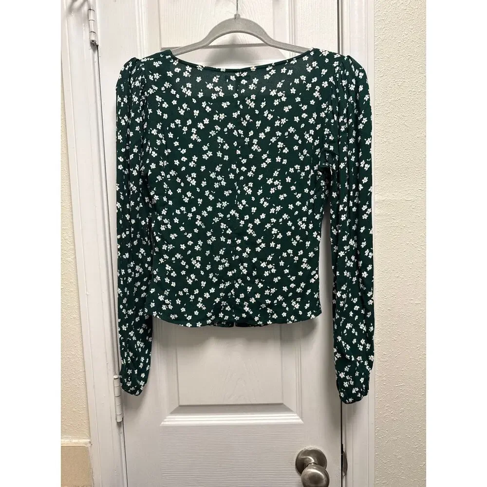 Reformation Ditsy Print Green Puff Sleeve V Neck Dainty Nell Top Size Small